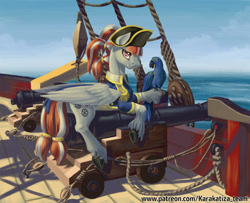 Size: 1500x1220 | Tagged: safe, artist:kirillk, oc, oc only, bird, parrot, pegasus, pony, cannon, clothes, epaulettes, hairrings, hat, hyacinth macaw, macaw, ponytail, prone, ship, solo