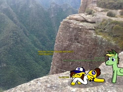 Size: 1034x773 | Tagged: safe, artist:didgereethebrony, part of a set, oc, oc:didgeree, oc:ponyseb, pegasus, pony, australia, blue mountains, cliff, clothes, dialogue, hat, kanangra boyd national park, kanangra walls, mlp in australia, scared, sweater, valley