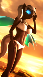 Size: 1080x1920 | Tagged: safe, artist:jacob_lhh3, oc, oc:dragonfly, anthro, changeling, plantigrade anthro, 3d, belly button, bikini, changeling oc, clothes, female, glowing eyes, nexgen, ponytail, solo, source filmmaker, swimsuit, tattoo, wings