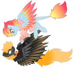 Size: 3159x2904 | Tagged: source needed, safe, artist:crazysketch101, oc, oc only, oc:ashton burnside, oc:crazy looncrest, pegasus, pony, burncrest, clothes, colored wings, colored wingtips, duo, flying, gradient mane, gradient tail, gradient wings, hoodie, leonine tail, scar, simple background, sweater, transparent background, wings