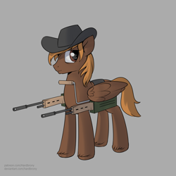 Size: 1550x1550 | Tagged: safe, artist:hardbrony, oc, oc only, oc:calamity, pegasus, pony, fallout equestria, battle saddle, cowboy hat, dashite, fanfic, fanfic art, gray background, gun, hat, hooves, male, rifle, simple background, solo, stallion, weapon, wings