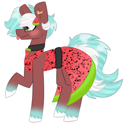 Size: 3102x3000 | Tagged: safe, artist:crazysketch101, oc, oc only, oc:loco, earth pony, pony, :p, clothes, collar, commission, dress, ear piercing, earring, female, food, gradient hooves, jewelry, piercing, simple background, solo, tongue out, transparent background, watermelon