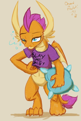 Size: 1600x2400 | Tagged: safe, artist:frist44, smolder, dragon, bottomless, clothes, dragoness, female, partial nudity, pillow, pillowfort, scratching, shirt, sleepy, solo, t-shirt, throw pillow, tired