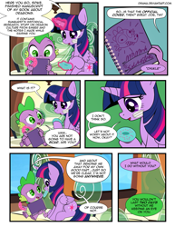 Size: 1275x1650 | Tagged: safe, artist:dsana, spike, twilight sparkle, twilight sparkle (alicorn), alicorn, dragon, pony, comic:the shadow shard, book, book cover, comic, cover, dialogue, drawing, duo, female, friendship express, male, mare, train