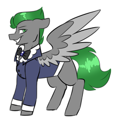 Size: 3323x3569 | Tagged: safe, artist:crazysketch101, oc, oc only, oc:unit, pegasus, pony, bowtie, clothes, male, shirt, simple background, smiling, smirk, solo, spread wings, stallion, suit, the count of monte cristo, white background, wings