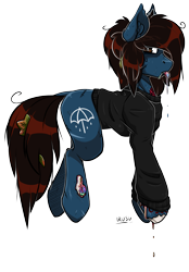 Size: 1629x2341 | Tagged: safe, artist:lrusu, earth pony, pony, undead, zombie, zombie pony, bleeding, blood, bone, bring me the horizon, clothes, commission, dripping blood, leaves, lip piercing, long sleeves, looking at you, male, messy mane, messy tail, oliver sykes, open mouth, piercing, ponified, rainbow blood, scar, shirt, signature, simple background, solo, stallion, stitches, tattoo, tongue out, transparent background