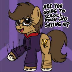 Size: 1000x1000 | Tagged: safe, artist:toyminator900, oc, oc only, oc:binky, hybrid, zony, animated, clothes, cute, female, frame by frame, freckles, gif, glasses, happy, hoodie, mare, motion lines, open mouth, purple background, question, simple background, smiling, solo, squigglevision, talking to viewer, unshorn fetlocks, waving
