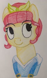 Size: 2421x4032 | Tagged: safe, artist:breeze the peryton, torque wrench, earth pony, pony, rainbow roadtrip, art, bow, crayon drawing, crayons, drawing, overalls, photo, traditional art