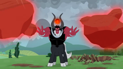 Size: 1366x766 | Tagged: safe, screencap, lord tirek, centaur, the ending of the end, boulder, bracer, cloud, cloudy, cloven hooves, crater, dark cloud, levitation, magic, male, nose piercing, nose ring, piercing, solo, telekinesis, tree