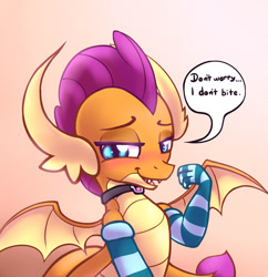 Size: 1280x1322 | Tagged: safe, artist:heavymetalbronyyeah, smolder, dragon, arm warmers, blushing, clothes, collar, cute, dragoness, evening gloves, fangs, female, gloves, lidded eyes, long gloves, looking at you, smolderbetes, solo, speech bubble