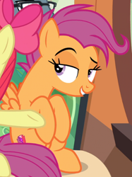 Size: 432x578 | Tagged: safe, screencap, apple bloom, scootaloo, growing up is hard to do, cutie mark, grin, lesbian look, lidded eyes, older, older apple bloom, older scootaloo, sitting, smiling, the cmc's cutie marks