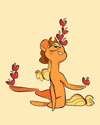 Size: 643x805 | Tagged: safe, artist:fluttershythekind, derpibooru import, applejack, earth pony, pony, apple, balancing, female, food, mare, raised hoof, raised leg, simple background, sitting, solo, yellow background