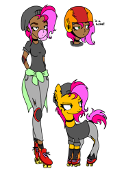Size: 2000x2500 | Tagged: safe, artist:anyazen, artist:icey-wicey-1517, color edit, edit, oc, oc only, oc:rock'n rolla, earth pony, human, pony, collaboration, bubblegum, choker, clothes, colored, dark skin, ear piercing, earring, elbow pads, eyebrow piercing, female, food, gum, helmet, humanized, humanized oc, jeans, jewelry, knee pads, lip piercing, makeup, mare, pants, piercing, roller skates, rollerblades, self paradox, self ponidox, shirt, shoes, simple background, socks, solo, t-shirt, tail wrap, torn clothes, transparent background