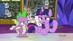 Size: 1920x1080 | Tagged: safe, screencap, spike, twilight sparkle, twilight sparkle (alicorn), alicorn, dragon, pony, sparkle's seven, chalkboard, winged spike