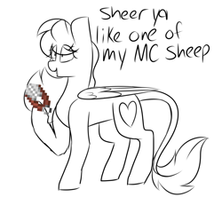 Size: 4500x4000 | Tagged: safe, artist:crazysketch101, oc, oc only, oc:crazy looncrest, pegasus, pony, dialogue, grayscale, imminent shaving, leonine tail, minecraft, monochrome, shears, simple background, solo, white background