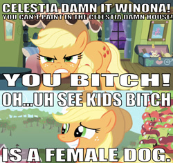Size: 639x602 | Tagged: safe, derpibooru import, edit, edited screencap, editor:undeadponysoldier, screencap, applejack, earth pony, pony, abuse, angry, animal abuse, apple, blues clues, captain obvious, caption, female, food, if kids shows were real, image macro, implied winona, mare, nervous, no shit sherlock, parody, reference, saying celestia's name in vane, smosh, solo, text, toy box, vulgar, winonabuse, yelling