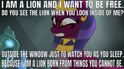 Size: 639x359 | Tagged: safe, edit, edited screencap, editor:undeadponysoldier, screencap, sphinx (character), sphinx, daring done?, angry, badass, caption, crown, edgy, female, hollywood undead, image macro, jewelry, lion (song), looking at you, lyrics, pyramid, regalia, solo, song reference, statue, temple, text