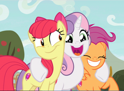 Size: 1200x887 | Tagged: safe, screencap, apple bloom, scootaloo, sweetie belle, earth pony, pegasus, pony, unicorn, growing up is hard to do, adorabloom, cropped, cute, cutealoo, cutie mark, cutie mark crusaders, diasweetes, excited, eyes closed, female, happy, hug, mare, older, older apple bloom, older cmc, older scootaloo, older sweetie belle, open mouth, smiling, the cmc's cutie marks, trio