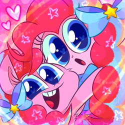 Size: 300x300 | Tagged: safe, artist:vdru7, pinkie pie, pony, equestria girls, bow, cute, diapinkes, female, hair bow, heart, heart eyes, hug, human ponidox, looking at you, open mouth, rainbow power, self ponidox, stars, wingding eyes