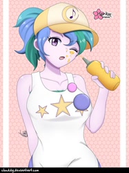 Size: 748x1000 | Tagged: safe, alternate version, artist:clouddg, summer solstice (character), better together, equestria girls, five lines you need to stand in, alternate hairstyle, baseball cap, breasts, busty summer solstice, cap, cute, eyebrows visible through hair, female, food, food on face, hat, looking at you, mustard, not celestia, one eye closed, sauce, signature, solo, wink
