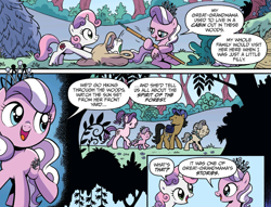 Size: 1894x1450 | Tagged: safe, artist:brendahickey, idw, diamond tiara, filthy rich, spoiled rich, sweetie belle, earth pony, pony, unicorn, spoiler:comic, spoiler:comicspiritoftheforest01, cleaning, comic, cute, diamondbetes, father and child, father and daughter, female, filly, foal, forest, great grandmother, jewelry, male, mare, mother and child, mother and daughter, official comic, parent and child, reminiscing, rich family, speech bubble, stallion, tiara, trash bag, younger