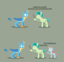 Size: 2960x2891 | Tagged: safe, artist:gd_inuk, gallus, ocellus, sandbar, changedling, changeling, earth pony, griffon, pony, 2 panel comic, blank eyes, cattails, comic, corn, corndog, dialogue, doubt, empty eyes, female, food, green background, herbivore vs carnivore, hoof hold, inktober, inktober 2019, lineless, male, no mouth, no pupils, ocellus is not amused, plant, prank, sausage, simple background, stylized, unamused