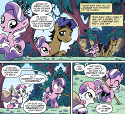 Size: 1893x1726 | Tagged: safe, artist:brendahickey, idw, diamond tiara, filthy rich, sweetie belle, earth pony, pony, unicorn, spoiler:comic, spoiler:comicspiritoftheforest01, cap, comic, cute, diamondbetes, father and child, father and daughter, female, filly, foal, forest, hat, male, official comic, parent and child, reminiscing, speech bubble, stallion, trash bag, whitetail woods, younger