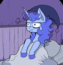 Size: 2793x2903 | Tagged: safe, artist:paskanaakka, derpibooru exclusive, oc, oc only, oc:midnight dew, pony, unicorn, bags under eyes, bed, blanket, colored hooves, ear fluff, female, hat, mare, nightcap, solo, unshorn fetlocks