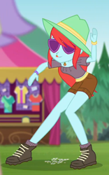 Size: 492x786 | Tagged: safe, screencap, peppermint azure, accountibilibuddies, better together, choose your own ending, equestria girls, background human, boots, bracelet, clothes, cropped, dancing, female, hat, jewelry, legs, necklace, outdoors, shoes, shorts, sunglasses, tongue out