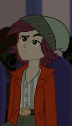 Size: 248x437 | Tagged: safe, screencap, normal norman, better together, equestria girls, opening night, background human, clothes, cropped, cyoa, hat, male, solo focus, unamused