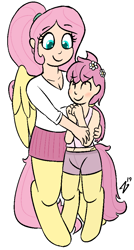 Size: 520x972 | Tagged: safe, artist:heretichesh, oc, oc only, oc:arbor, oc:ivy, pegasus, pony, satyr, brother and sister, clothes, cute, female, flower, flower in hair, hug, male, miniskirt, offspring, parent:fluttershy, pleated skirt, ponytail, shorts, siblings, simple background, skirt, white background