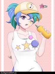 Size: 748x1000 | Tagged: safe, alternate version, artist:clouddg, summer solstice (character), human, better together, equestria girls, five lines you need to stand in, alternate hairstyle, baseball cap, breasts, busty summer solstice, cap, cute, eyebrows visible through hair, female, food, food on face, hat, human coloration, looking at you, mustard, not celestia, one eye closed, sauce, signature, solo, wink