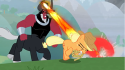 Size: 1368x768 | Tagged: safe, derpibooru import, screencap, applejack, lord tirek, centaur, the ending of the end, angry, blast, bracer, chase, cloven hooves, colored hooves, cowboy hat, eyes closed, galloping, hat, lasso, magic, magic beam, magic blast, male, mouth hold, nose piercing, nose ring, piercing, rope