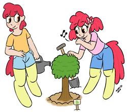 Size: 989x869 | Tagged: safe, artist:heretichesh, oc, oc only, oc:peach, oc:pear, satyr, brother and sister, clothes, female, male, offspring, parent:apple bloom, sapling, shovel, siblings, simple background, tree, watering can, white background