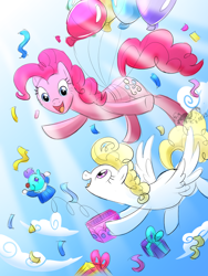 Size: 1200x1600 | Tagged: safe, artist:angexci, derpibooru import, pinkie pie, surprise, earth pony, pegasus, pony, balloon, floating, sky, then watch her balloons lift her up to the sky