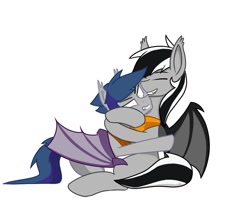 Size: 1157x933 | Tagged: safe, artist:flylash6009, oc, oc:flylash, oc:stormdancer, bat pony, pony, bandana, bat pony oc, bat wings, grumpy, smiling, snuggling, wings