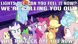 Size: 640x361 | Tagged: safe, derpibooru import, edit, edited screencap, editor:undeadponysoldier, screencap, applejack, cozy glow, fluttershy, pinkie pie, rainbow dash, rarity, spike, twilight sparkle, twilight sparkle (alicorn), alicorn, dragon, earth pony, pegasus, pony, unicorn, school raze, angry, badass, caption, cozybuse, death stare, discovery family logo, edgy, female, filly, hollywood undead, image macro, lights out (song), lyrics, male, mane seven, mane six, mare, roasted, school of friendship, song reference, text, vulgar, winged spike