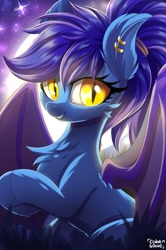 Size: 1361x2048 | Tagged: safe, artist:ask-colorsound, oc, oc only, oc:evening lily, bat, bat pony, pony, bat pony oc, cheek fluff, chest fluff, commission, cute, dawwww, ear fluff, ear piercing, female, hooves together, looking at you, moon, night, piercing, ponytail, sitting, smiling, solo, spread wings, stars, wings