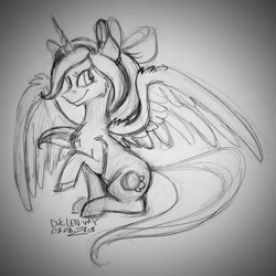 Size: 1000x1000 | Tagged: safe, artist:dik-len-vay, oc, oc only, oc:fleurbelle, alicorn, pony, alicorn oc, bow, cheek fluff, chest fluff, cute, female, hair bow, mare, sketch, sweet, traditional art, wing fluff