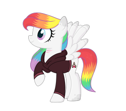 Size: 3400x2992 | Tagged: safe, artist:lazuli, artist:rainbowpawsarts, oc, oc:rainbow paws, pegasus, pony, alternate universe, base used, clothes, female, hoodie, one hoof raised, rainbow hair, scar, simple background, solo, transparent background