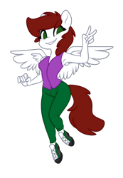 Size: 1988x2874 | Tagged: safe, artist:scarlet-spectrum, oc, oc only, oc:graph travel, anthro, pegasus, anthro oc, armpits, clothes, female, freckles, looking at you, pants, peace sign, shoes, simple background, solo, spread wings, transparent background, vest, wings