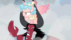 Size: 1366x768 | Tagged: safe, screencap, cozy glow, lord tirek, alicorn, the ending of the end, alicornified, bracer, cloud, cloudy, cozycorn, race swap, smokescreen