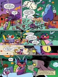 Size: 768x1024 | Tagged: safe, artist:andypriceart, idw, cosmos (character), discord, draconequus, parasprite, spoiler:comic, spoiler:comic77, clothes, comic, coscord, discord's house, duo, evil grin, female, flirting, floating island, glass, grin, hat, male, narrowed eyes, official comic, preview, smiling, speech bubble, the discord zone, top hat, tuxedo, wine glass