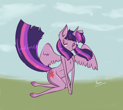 Size: 3000x2692 | Tagged: safe, artist:kamikazelenna, artist:metalliclenneth, twilight sparkle, twilight sparkle (alicorn), alicorn, pony, anatomically incorrect, chest fluff, cutie mark, female, incorrect leg anatomy, lidded eyes, looking at you, mare, sitting, solo, spread wings, windswept mane, wings