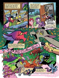 Size: 1200x1600 | Tagged: safe, artist:andypriceart, idw, cosmos (character), discord, observer (character), draconequus, earth pony, pegasus, pony, unicorn, spoiler:comic, spoiler:comic77, aladdin, alice in wonderland, chaos, comic, coscord, dc comics, discord's house, duo, e=mc^2, earth 616, easy rider, female, flying carpet, male, mare, marvel comics, microphone, motorcycle, official comic, preview, singing, speech bubble, the twilight zone, wonderland