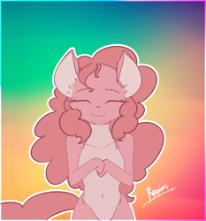 Size: 3166x3400 | Tagged: safe, artist:kamikazelenna, derpibooru import, pinkie pie, earth pony, pony, semi-anthro, abstract background, coat markings, ear fluff, eyes closed, female, hooves to the chest, hooves together, smiling, solo, stray strand