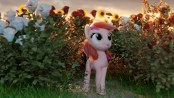 Size: 1920x1080 | Tagged: safe, artist:gabe2252, roseluck, earth pony, pony, 3d, blender, bush, female, mare, outdoors, smiling, solo
