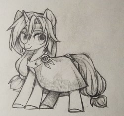 Size: 1576x1473 | Tagged: safe, artist:wkirin, oc, oc only, pony, unicorn, clothes, crown, jewelry, long mane, long tail, male, monochrome, regalia, robe, sketch, solo, stallion, traditional art