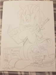 Size: 3024x4032 | Tagged: safe, artist:andypriceart, oc, oc:flitter flutter, pony, unicorn, acme, book, carrot, food, kill bill, lineart, photo, signature, solo