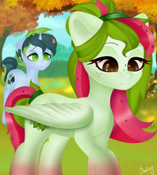 Size: 3168x3528 | Tagged: safe, artist:bestiary, oc, oc only, oc:thatsa releaf, oc:watermelana, pegasus, pony, unicorn, autumn, couple, female, forest, freckles, gradient hooves, grass, leaf, male, mare, stallion, tree, walking, watereleaf